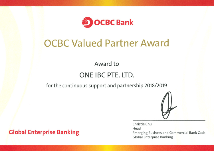 One IBC Limited’s 2019 achievement of receiving OCBC Bank’s Value Partner Award in 5 consecutive years. One IBC Limited’s 2019 achievement of receiving OCBC Bank’s Value Partner Award in 5 consecutive years.
