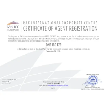 One IBC was granted Certificate of Registered Agent in United Arab Emirate