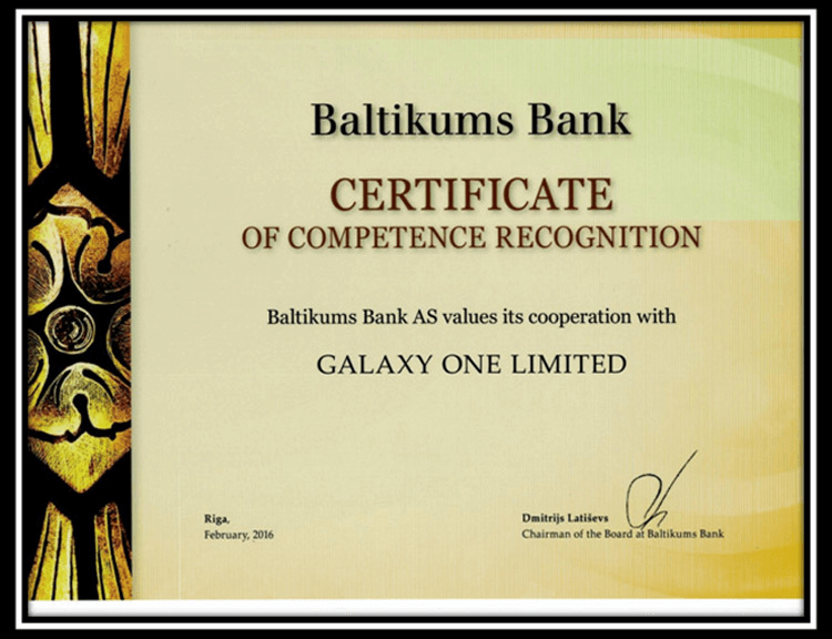 A Good & Long relationship between Galaxy One Limited/ Offshorecompanycorp & Baltikums Bank
