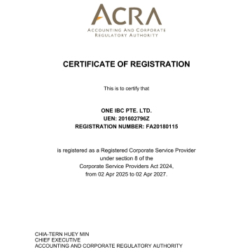 One IBC Pte. Ltd - Certified Corporate Services Provider in Singapore by ACRA 2025 - 2027